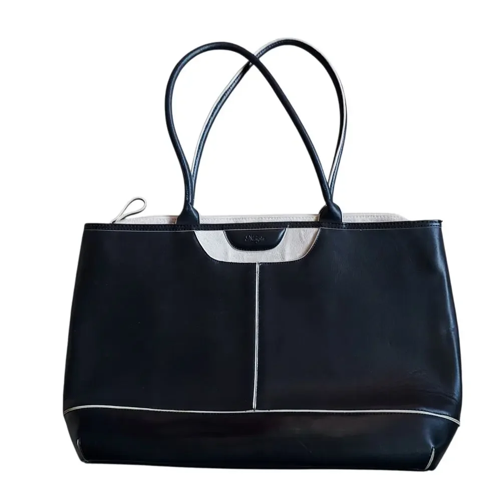Nunzia Tuscany Women's Chic Leather Laptop Tote Shoulder Bag Black Beige